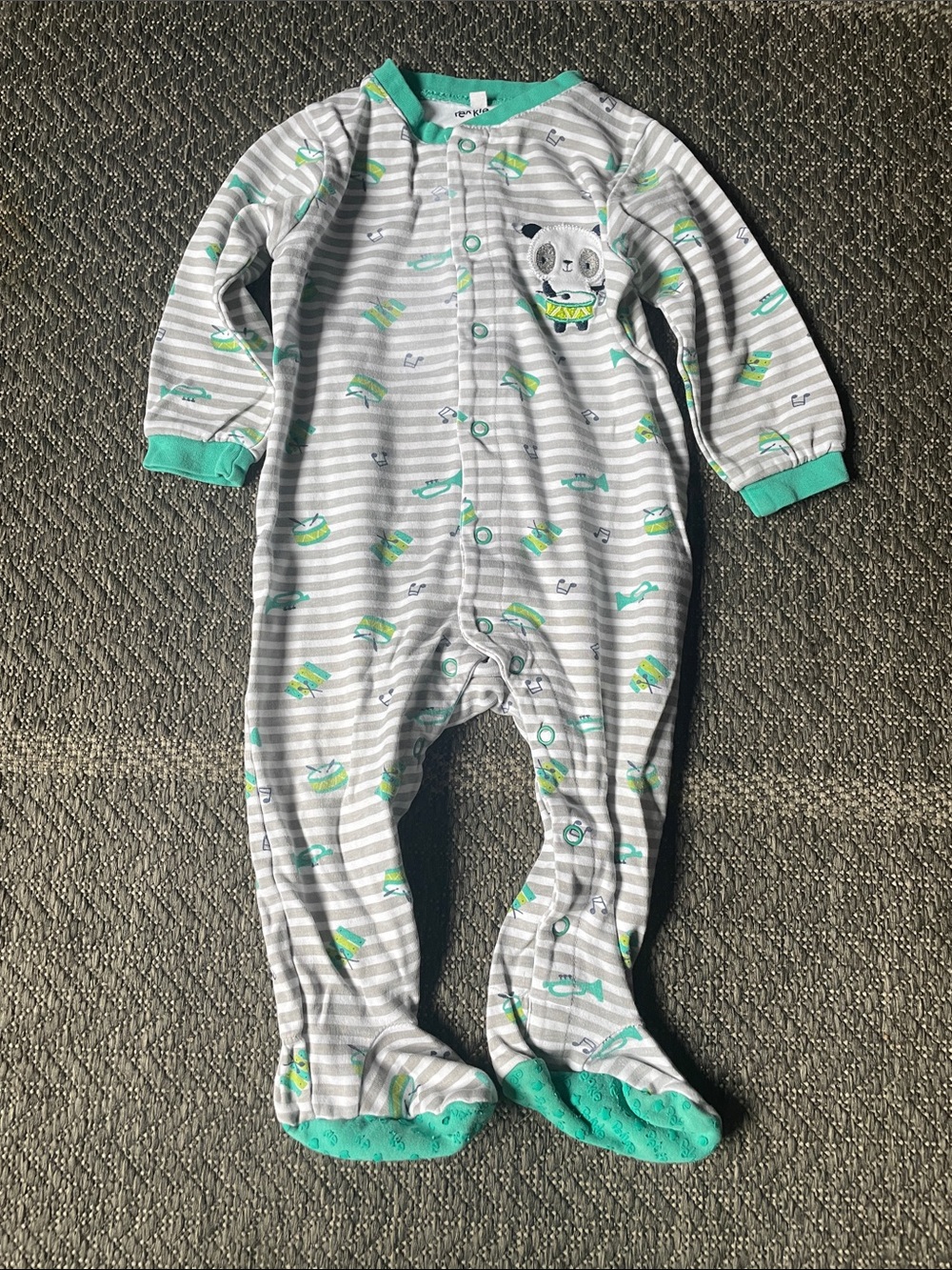 Grey Striped Baby Footie with Teal Trim and Koala Patch